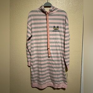 Non Stop Pajama Dress Hooded Striped Dog Animal‎ Print Size large Pockets